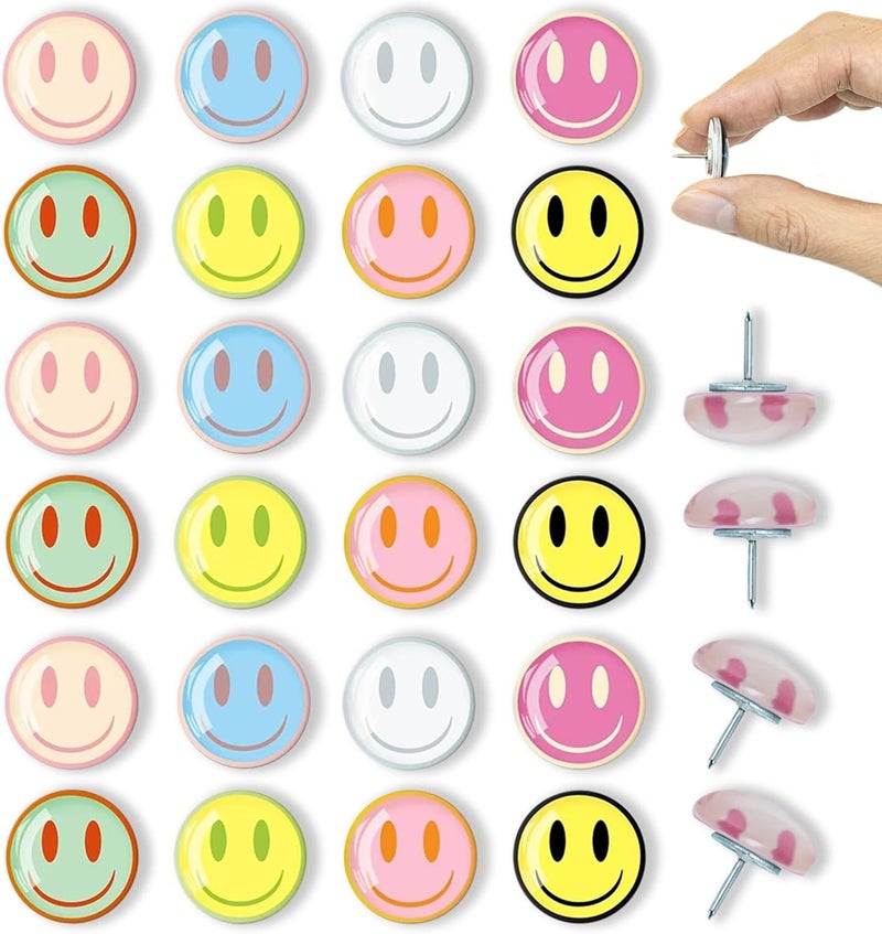 Tandarui 24Pcs Smiley Face Decorative Push Pins,Cute Thumb Tacks,Boarders for Bulletin Board,Cork Board Thumbtacks for Classroom Decor,Home Decor and Office Decor(Smiley Face) - Image 1